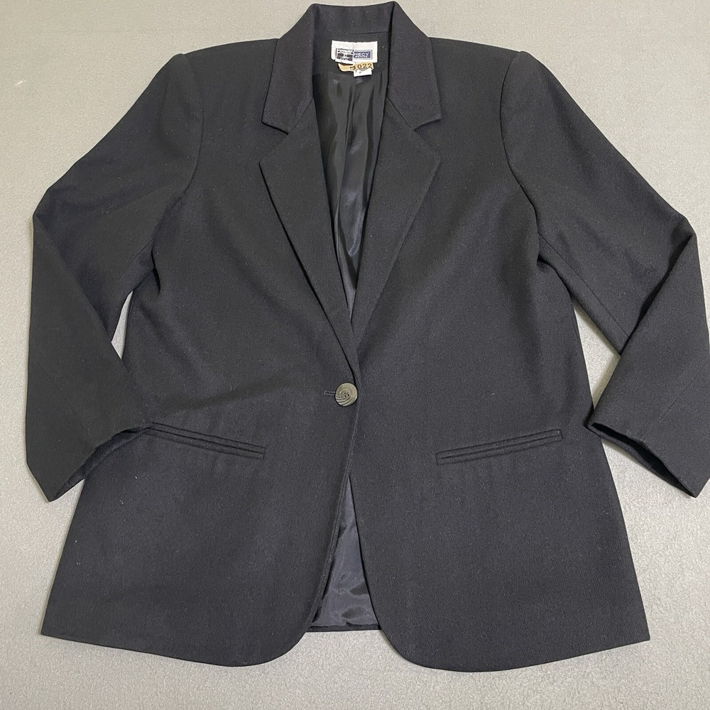 Vintage Women's Blazer Jacket Sz 10 Black 100%‎ Pure Wool Classic 90s Coat Peppy